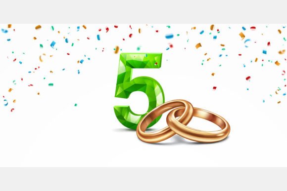 Celebrate Milestones with a Green Number 5 and Golden Wedding Rings Design