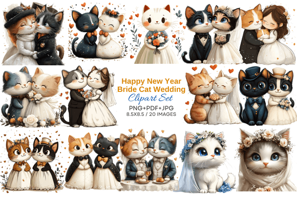 Celebrate with Happy New Year Bride Cat Wedding Clipart