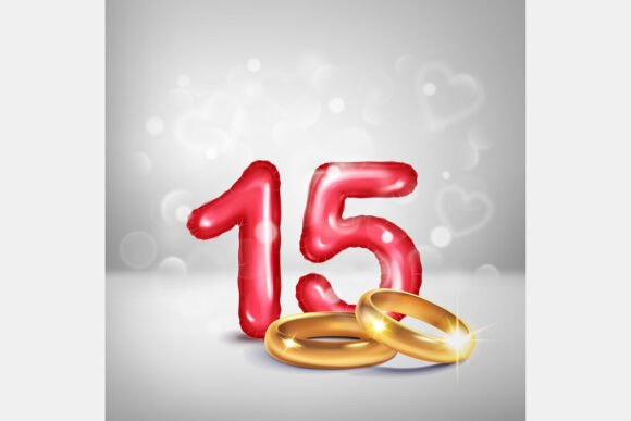 Celebrating Milestones: The Red Number 15 and Gold Wedding Rings Design