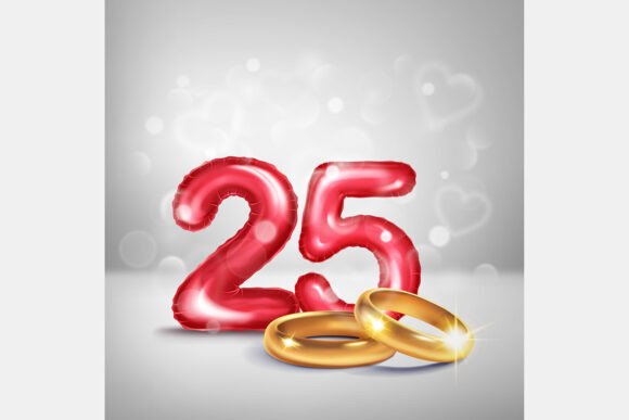 Red Number 25 and Gold Wedding Rings: A Silver Jubilee Celebration in Vector Art