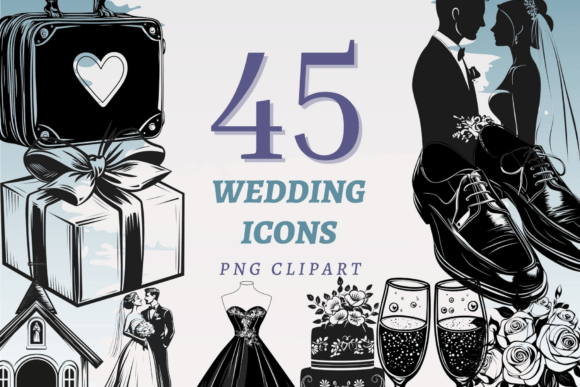 Wedding Icons PNG Bundle: 45 Designs for Invitations & Decor
